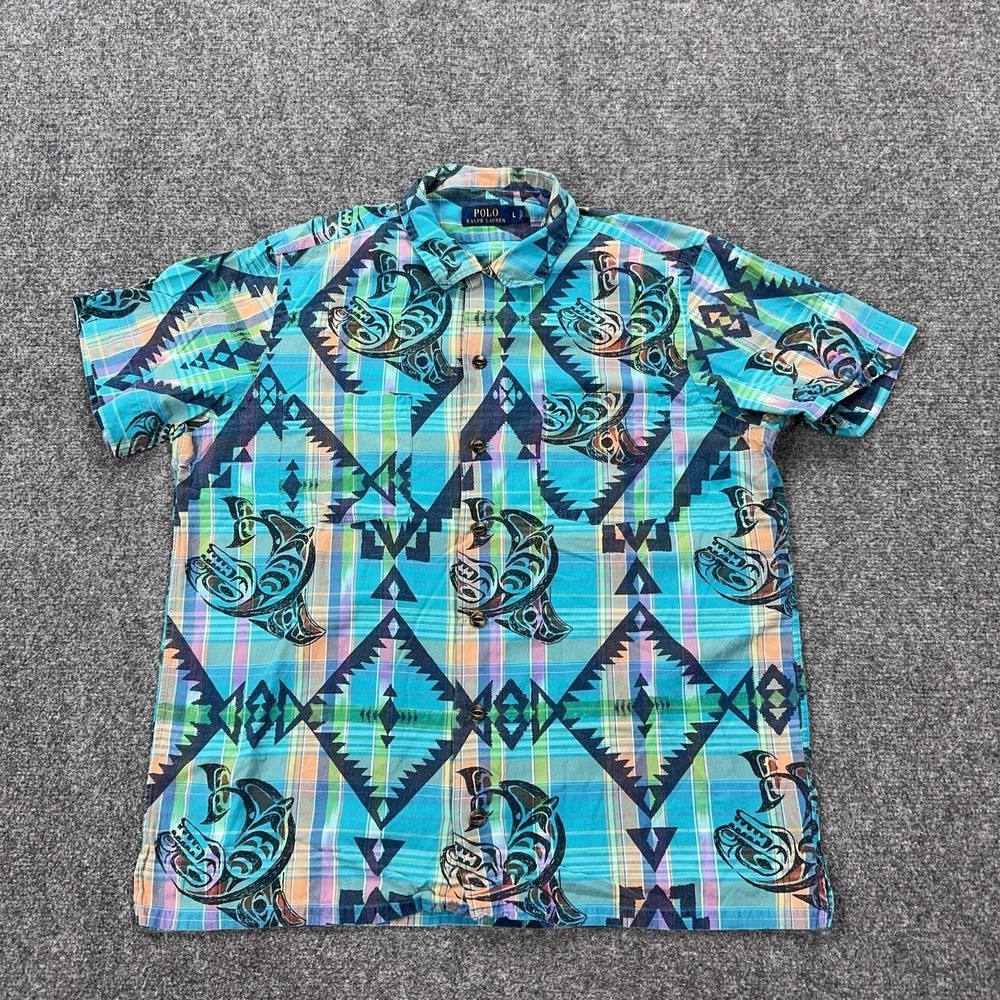 Polo Ralph Lauren Shirt Mens L Multicolor Fish Print Short Sleeve Button Front